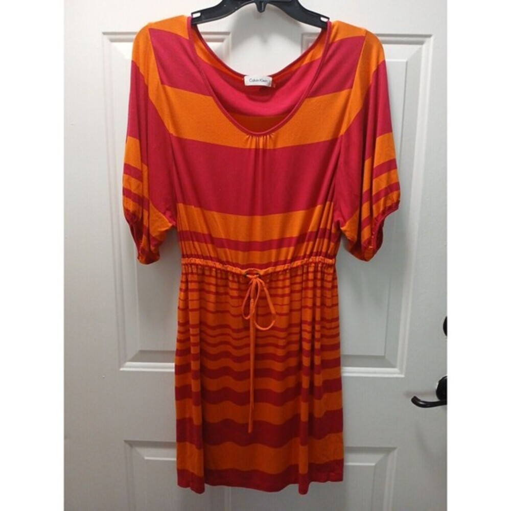 Calvin Klein Dress‎ Drawstring Waist Pink Orange Striped Size 6 Rayon Spandex CK